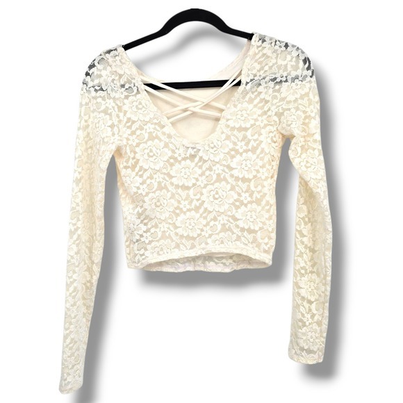 Abercrombie & Fitch Lace‎ Long Sleeve Crop Top Criss Cross Back Cream M - Picture 1 of 8